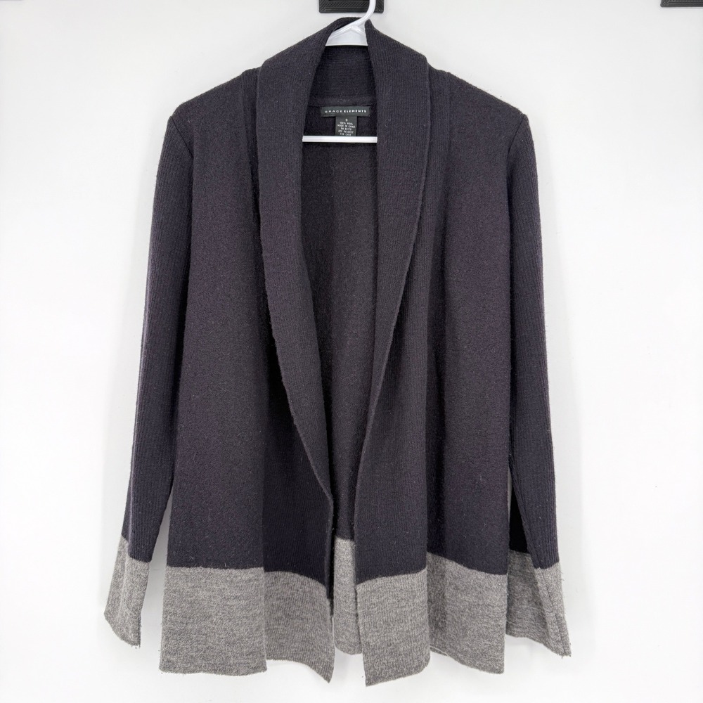 Grace Elements 100% Wool Cardigan Womens S Charcoal Grey Shawl Collar Open Front